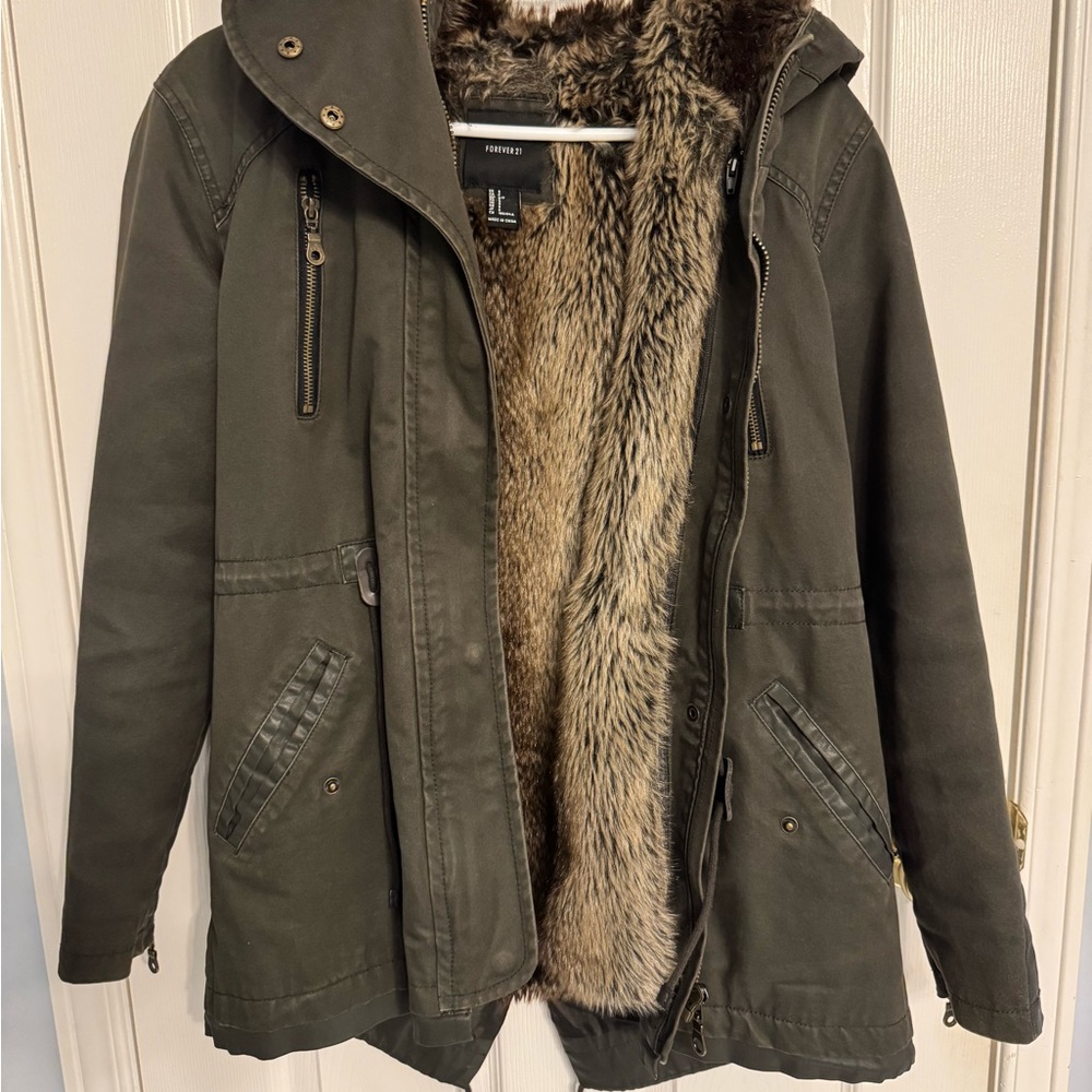 Forever 21 Olive Green Parka with Faux Fur Lining